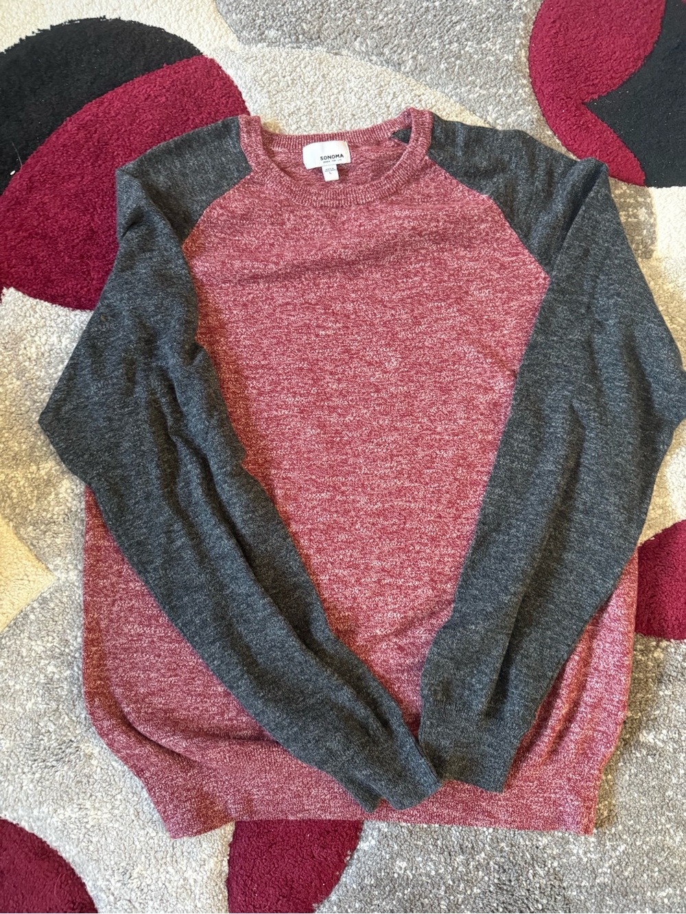 Sonoma Men's Heather Red Crewneck with Charcoal Raglan Sleeves